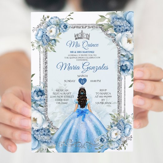 Invitation Mis Quince Bleu Floral Argent Couronne Quinceañera