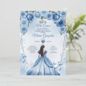 Invitation Mis Quince Bleu Floral Argent Couronne Quinceañera (Debout devant)