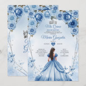 Invitation Mis Quince Bleu Floral Argent Couronne Quinceañera (Devant / Derrière)