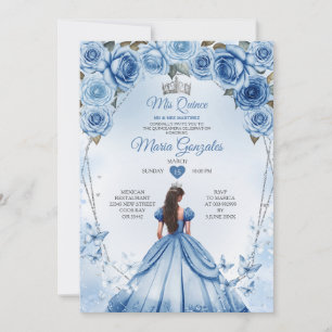 Invitation Mis Quince Bleu Floral Argent Couronne Quinceañera