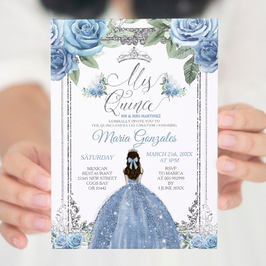 Invitation Mis Quince Dusty Blue & Silver Floral Quinceañera