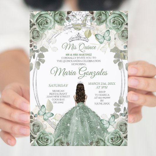 Invitation Mis Quince Dusty Green & Silver Floral Quinceañera