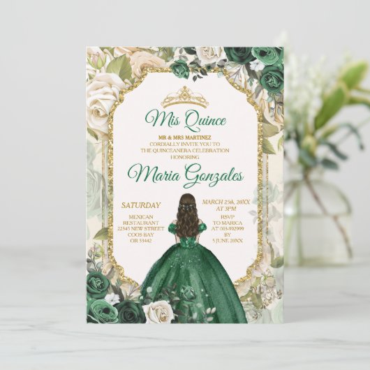 Invitation Mis Quince Emerald Green 15 Anos Gold Crown (Debout devant)