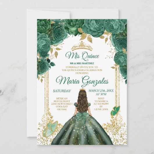 Invitation Mis Quince Emerald Green Butterfly Gold Crown (Devant)
