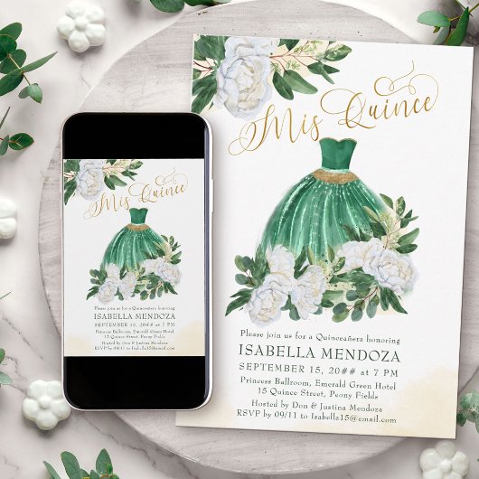 Invitation Mis Quince Emerald Green Peony blanc Quinceanera