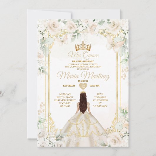 Invitation Mis Quince Ivory White Floral Princess Anniversair (Devant)