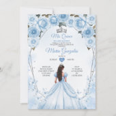 Invitation Mis Quince Poudre Bleu Floral Couronne Quinceañera (Devant)