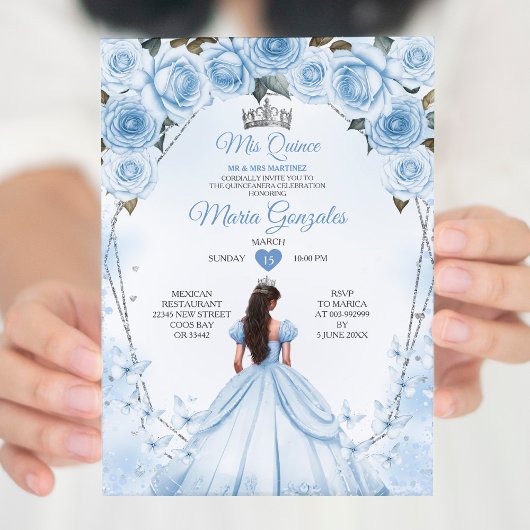 Invitation Mis Quince Poudre Bleu Floral Couronne Quinceañera