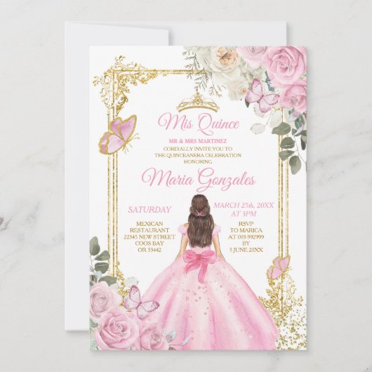 Invitation Mis rose et or Quince 15 Anos Papillon Couronne (Devant)