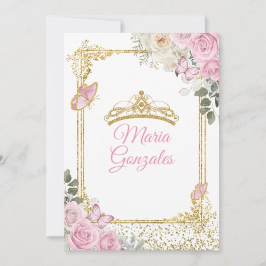 Invitation Mis rose et or Quince 15 Anos Papillon Couronne (Dos)
