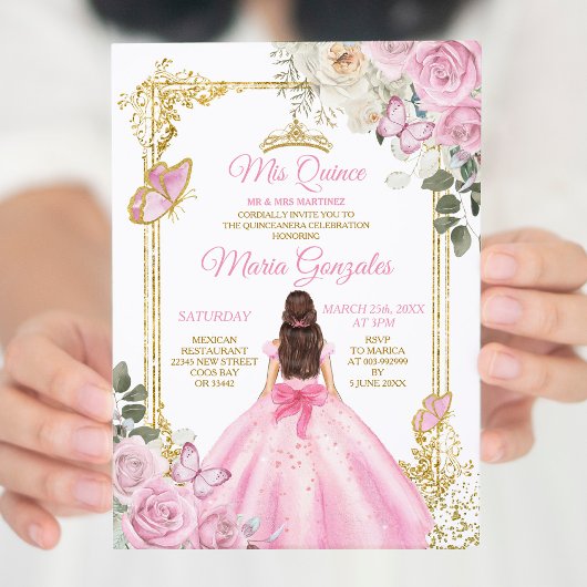 Invitation Mis rose et or Quince 15 Anos Papillon Couronne