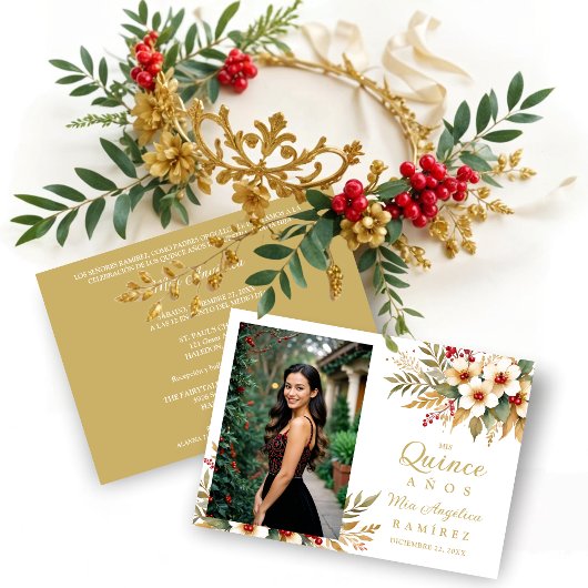 Invitation Mis XV Delicate Christmas Spanish Floral Photo 