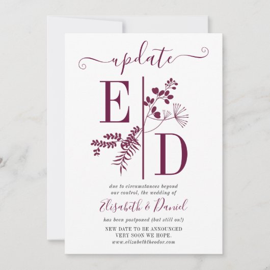 Invitation Mise à jour de mariage avec des initiales simples  (Devant)