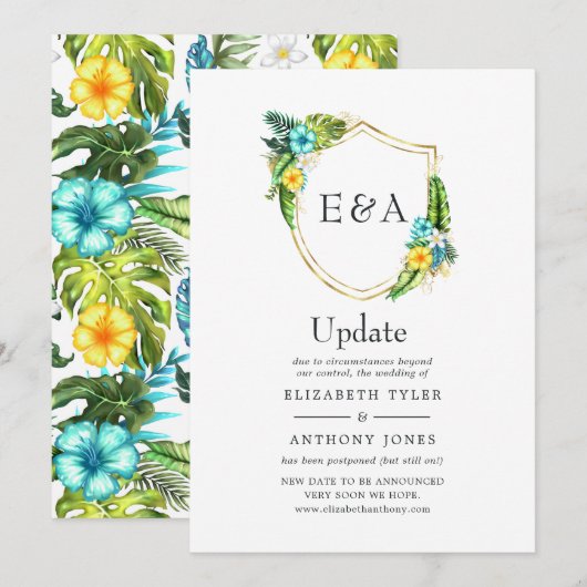 Invitation Mise à jour de mariage de plage tropicale Monogram (Devant / Derrière)