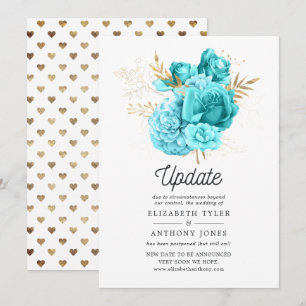 Invitation Mise à jour de mariage floral bleu aqua et or
