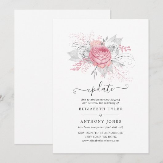 Invitation Mise à jour des Mariages floraux rose, argenté et (Devant / Derrière)