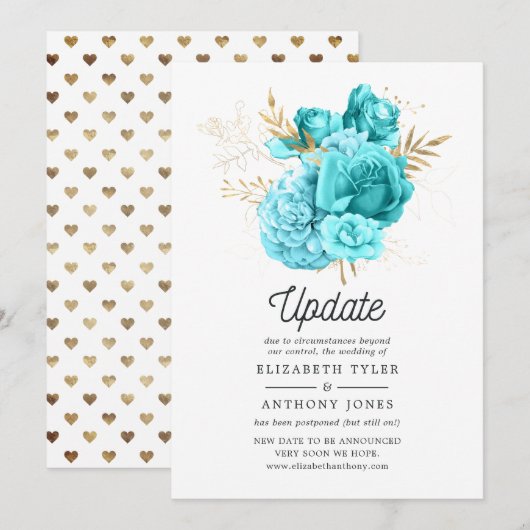Invitation Mise à jour du Mariage Floral Aqua Blue et Gold (Devant / Derrière)