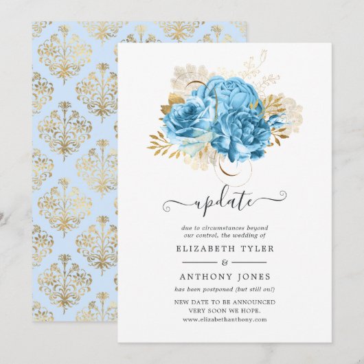 Invitation Mise à jour du Mariage floral Pastel Blue et Gold (Devant / Derrière)
