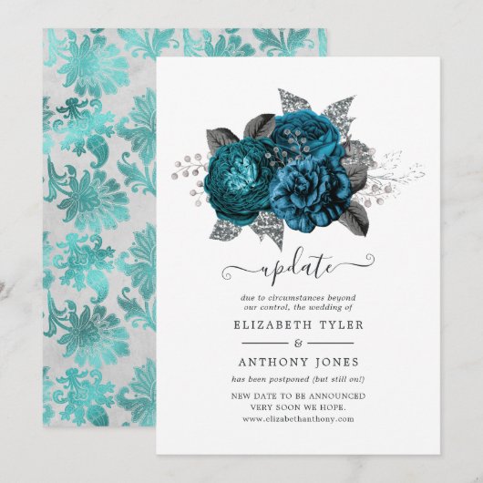 Invitation Mise à jour du Mariage floral Turquoise, Noir et A (Devant / Derrière)
