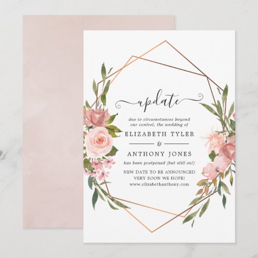 Invitation Mise à jour du Mariage rose Gold et Blush Pink (Devant / Derrière)