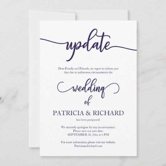 Invitation Mise à jour du report de mariage Navy Blue Script (Devant)