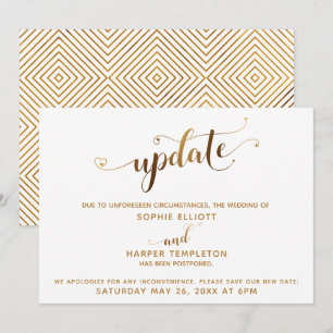 Invitation Mise à jour Mariage reportée Gold Hearts Calligrap