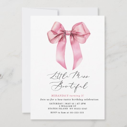 Invitation Miss Bowtiful Pink Coquette Bow anniversaire fille (Devant)