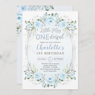 Invitation Miss ONEderful Baby Blue Gold Floral 1er anniversa