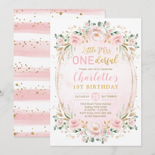 Invitation Miss ONEderful Blush Pink Gold Floral 1er annivers (Devant / Derrière)