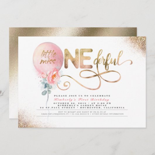 Invitation Miss ONEderful Floral Balloon 1er Anniversaire (Devant / Derrière)