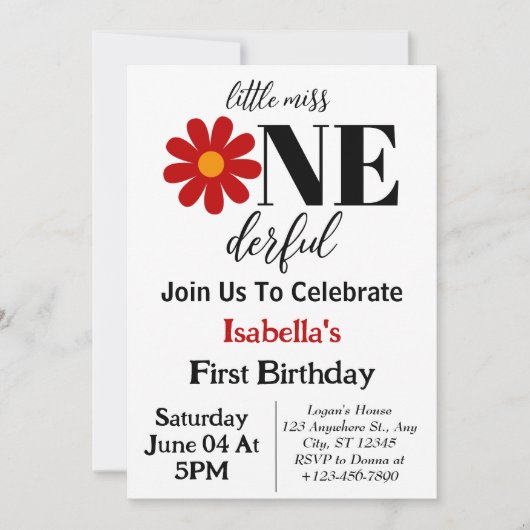 Invitation Miss Onederful Girl 1er anniversaire (Devant)