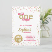 Invitation Miss Onederful Girl First Birthday Pink Confetti (Debout devant)