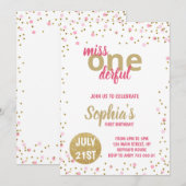 Invitation Miss Onederful Girl First Birthday Pink Confetti (Devant / Derrière)
