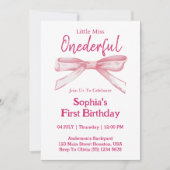 Invitation Miss ONEDERFUL Pink Bow Girl 1er anniversaire (Devant)