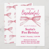 Invitation Miss ONEDERFUL Pink Bow Girl 1er anniversaire (Devant / Derrière)