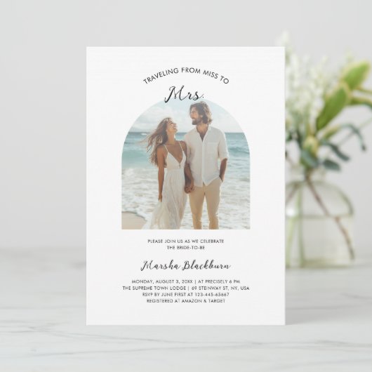 Invitation Miss to Mrs Beach Arch Photo Fête des mariées pas (Debout devant)