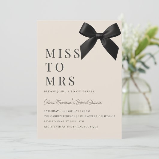 Invitation Miss to Mrs Black Bow QR Code Bridal Shower (Debout devant)