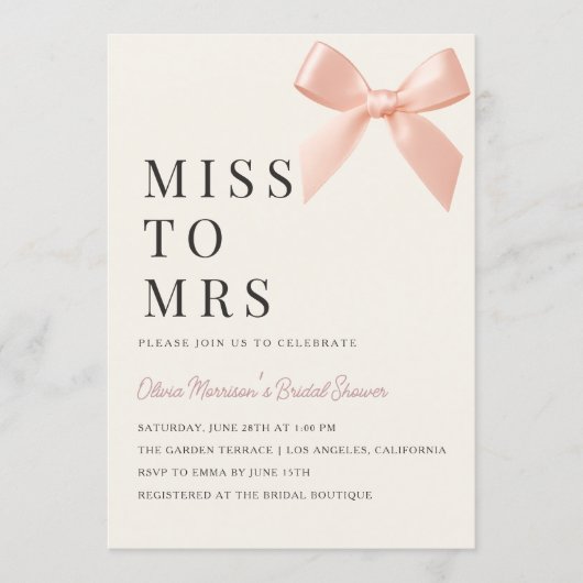 Invitation Miss to Mrs Blush Pink Bow QR Code Bridal Shower (Devant)