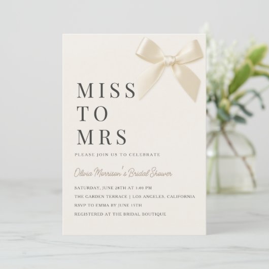 Invitation Miss to Mrs Coquette Bow QR Code Bridal Shower (Debout devant)