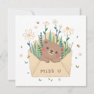 Invitation MISS U : Ours et fleurs en peluche dans l'envelopp