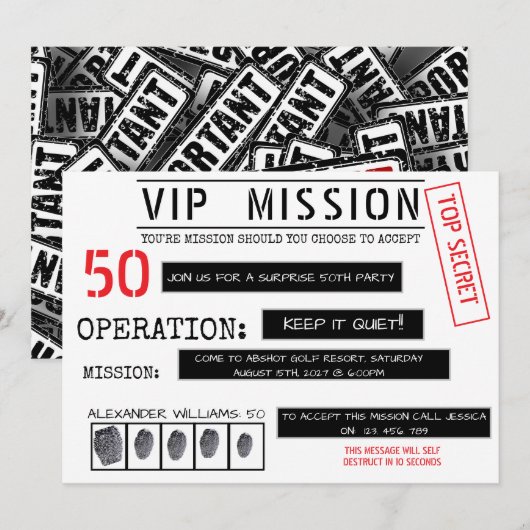 Invitation Mission VIP Surprise 50e Anniversaire (Devant / Derrière)