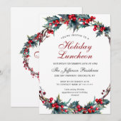 Invitation Mistletoe Holly Berry Wreath Holiday Luncheon (Devant / Derrière)