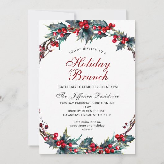 Invitation Mistletoe Holly Wreath Christmas Holiday Brunch (Devant)