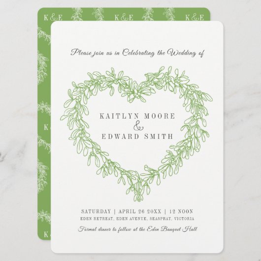 Invitation Mistletoe ligne coeur art mariage vert blanc (Devant / Derrière)
