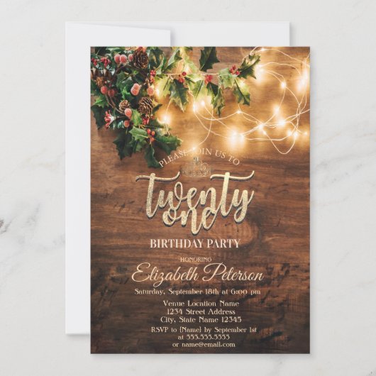 Invitation Mistletoe rustique, Lumières à cordes, Bois 21e an (Devant)