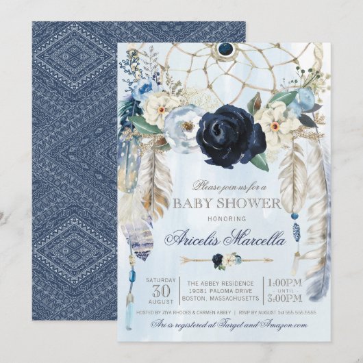Invitation Misty Blue Boho Dream Catcher Baby shower (Devant / Derrière)
