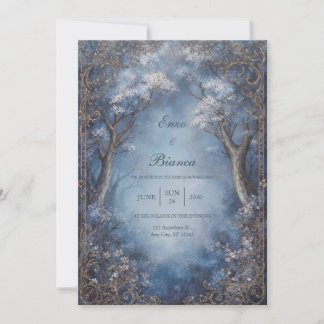 Invitation Misty Blue Enchanted Forest Gold Filigree Wedding