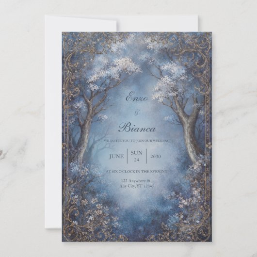 Invitation Misty Blue Enchanted Forest Gold Filigree Wedding (Devant)
