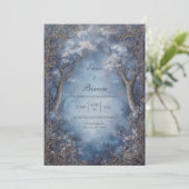 Invitation Misty Blue Enchanted Forest Gold Filigree Wedding (Debout devant)