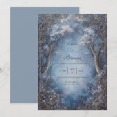 Invitation Misty Blue Enchanted Forest Gold Filigree Wedding (Devant / Derrière)